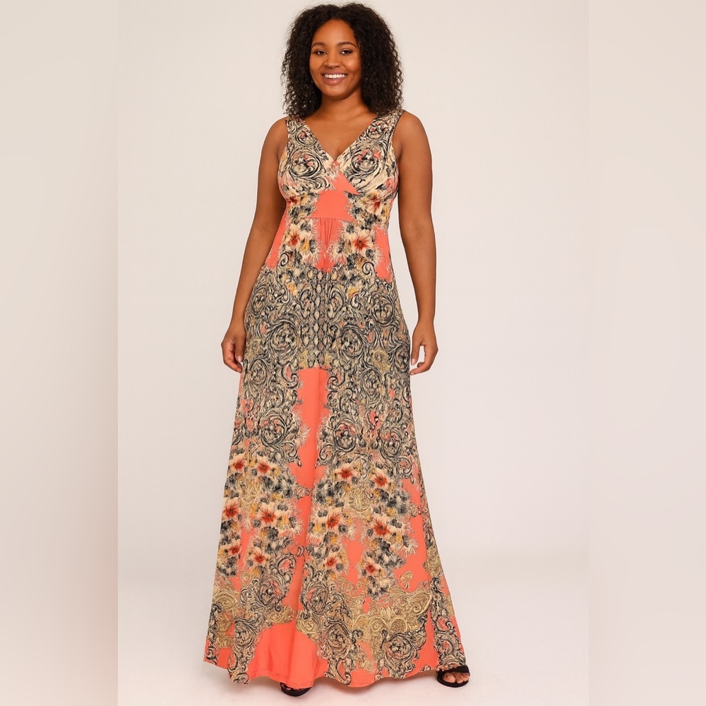 Fresh of LA Sleeveless Printed Maxi Dress Coral Black Floral Size